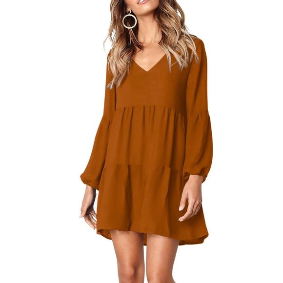 Amoretu Womens V-Neck Long Sleeve Tiered Mini Dress Rust Orange 2XL - Picture 5 of 5